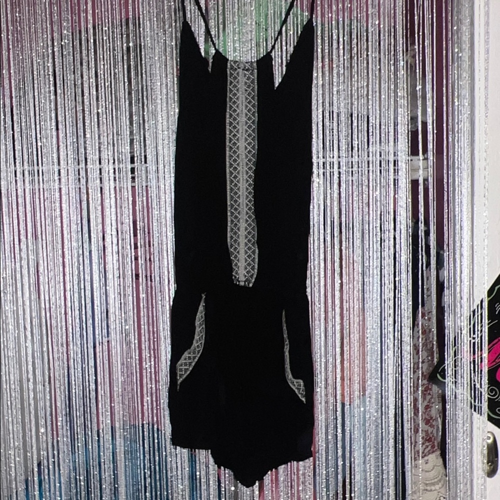 Black Romper with White Geometric Trim